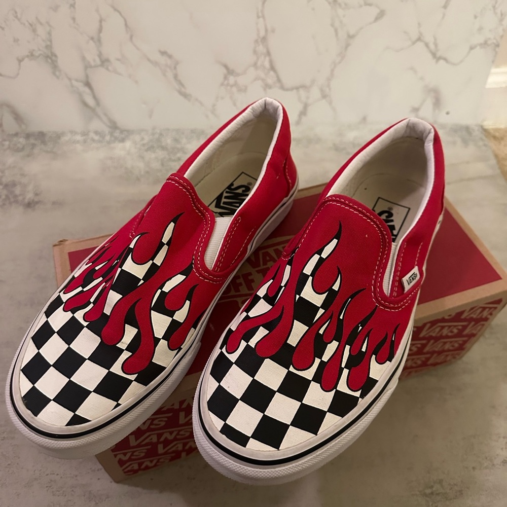 Vans Woman’s Red Flame Checkered Slip-On Shoes